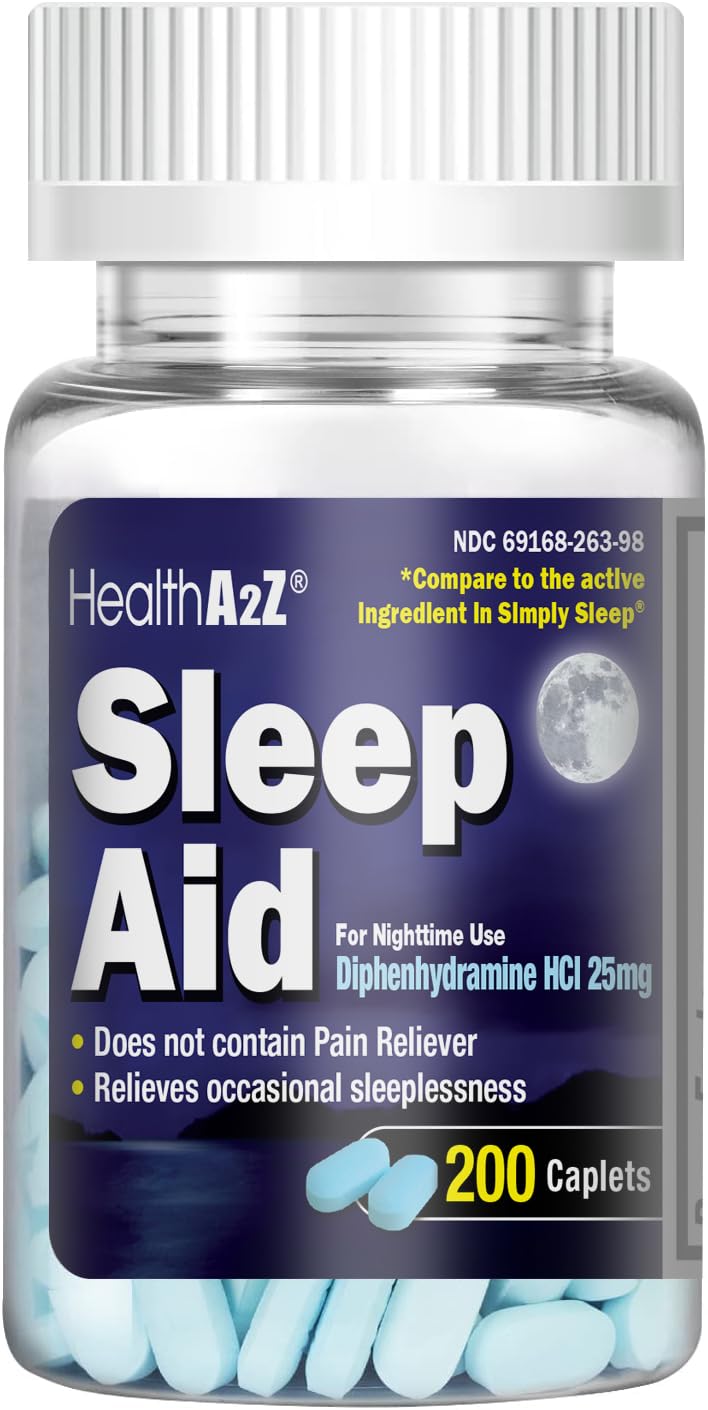 HealthA2Z® Sleep Aid, Diphenhydramine HCl 25mg, Regular Strength 200 Caplets
