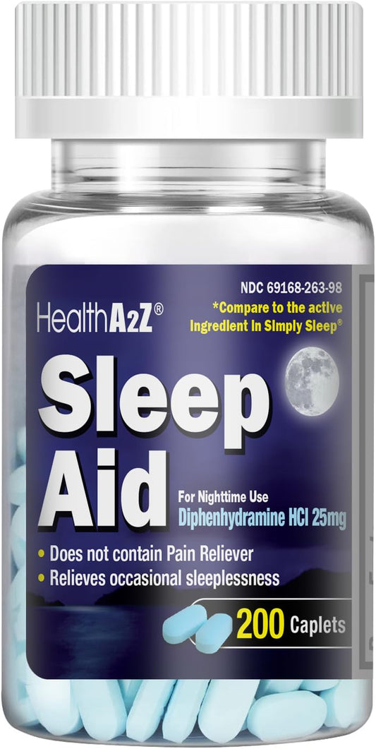 HealthA2Z® Sleep Aid, Diphenhydramine HCl 25mg, Regular Strength 200 Caplets