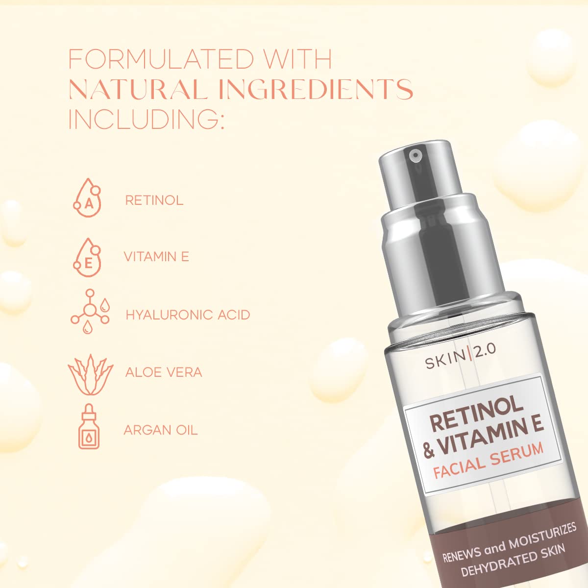 Skin 2.0 Retinol & Vitamin E Face Serum - 1.69 Fl. oz, Cruelty-Free, Reduces Acne Scars, Wrinkles, Anti-Aging, Skin Renewal, Hydrating, Korean Beauty