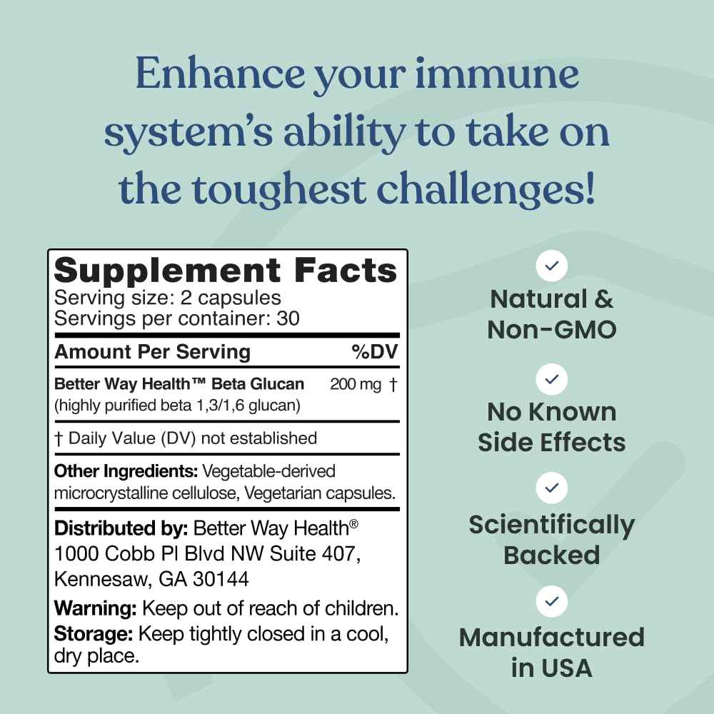 Better Way Health - Advanced Immune Readiness - Highly Purified 1,3/1,6 Beta Glucan 100 - Clinically Tested Immune Defense - 100mg/60 Capsules