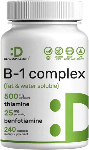 DEAL SUPPLEMENT Vitamin B1 500mg with Benfotiamine, 240 Capsules - 2 in 1 Enhanced Formula - Fat & Water Soluble Thiamine B1 Supplement - Third Party Tested, Non-GMO, No Gluten
