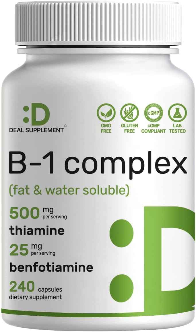 DEAL SUPPLEMENT Vitamin B1 500mg with Benfotiamine, 240 Capsules - 2 in 1 Enhanced Formula - Fat & Water Soluble Thiamine B1 Supplement - Third Party Tested, Non-GMO, No Gluten