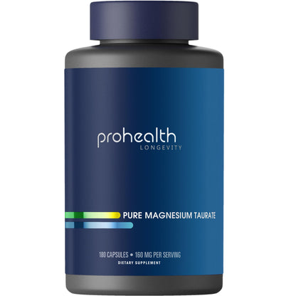 ProHealth Pure Magnesium Taurate, 160mg per Serving - Optimal Bioavailability Supplement for Healthy Aging - Supports Brain, Heart, and Muscle Health - Third-Party Tested for Quality - 180 Capsules