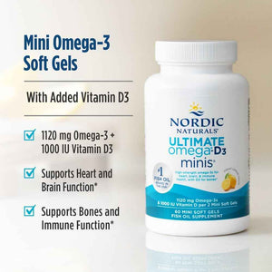 Nordic Naturals Ultimate Omega Mini D3, Lemon Flavor - 60 Mini Soft Gels - 1120 mg Omega-3 + 1000 IU Vitamin D3 - EPA & DHA - Promotes Brain & Heart Health - 30 Servings