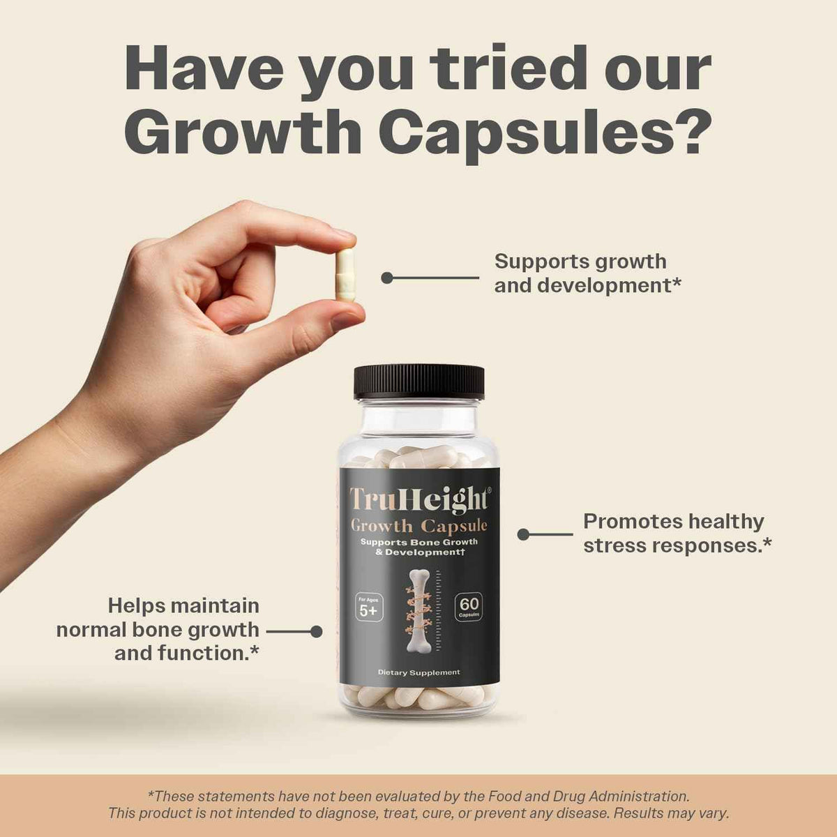 TruHeight Growth Capsules - Tall Nutrition for Natural Growth Supplement for Kids & Teens - Pediatric Vitamin D, K, Calcium & Ashwagandha - Bone Strength