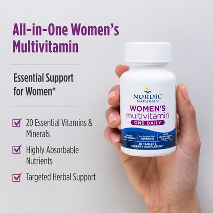 Nordic Naturals Women’s Multivitamin One Daily - Skin, Hair, Energy, & Bone Support - Immunity Supplement - 20 Essential Nutrients - 30 Tablets - 30 Servings