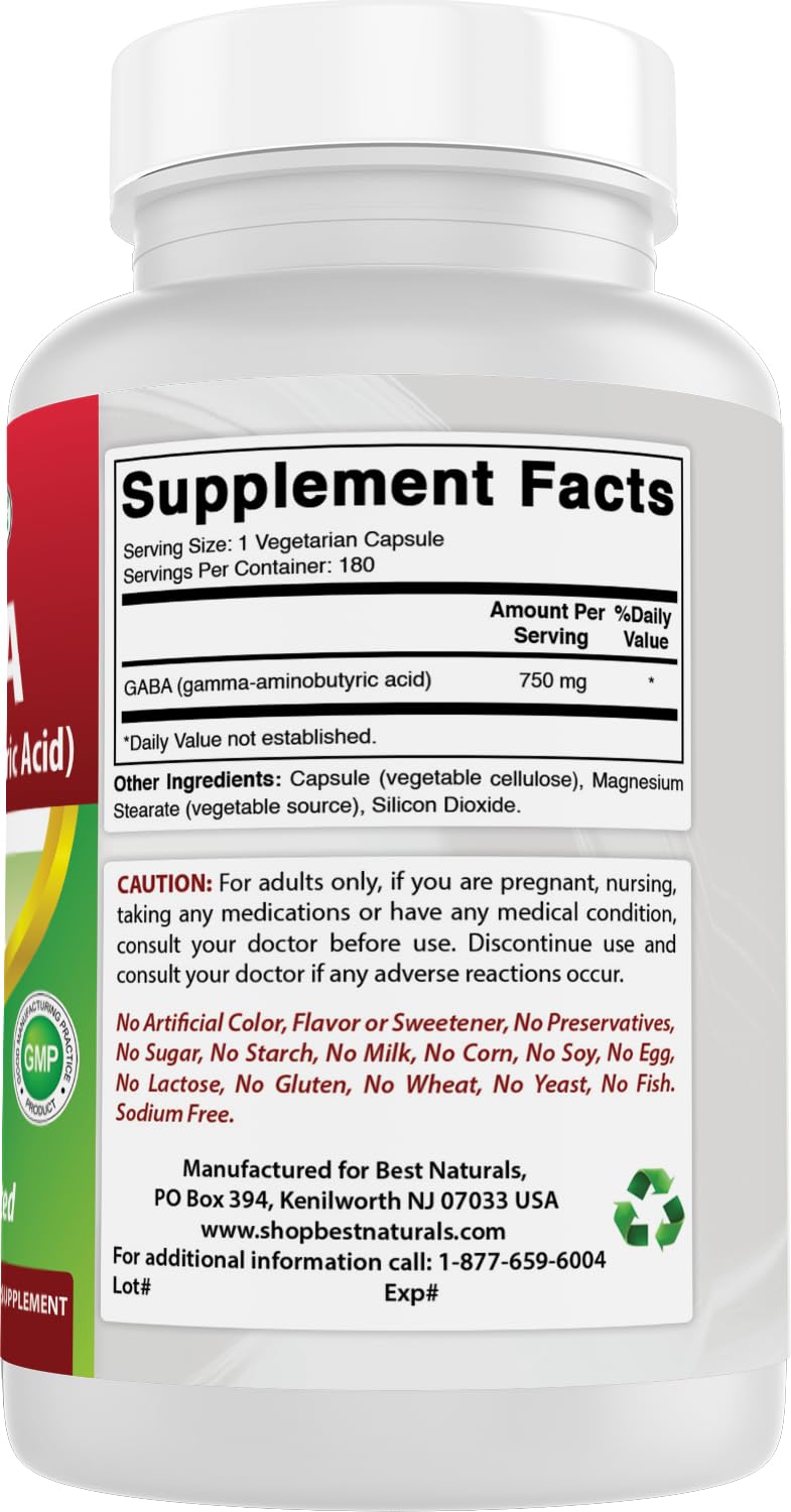 Best Naturals GABA Supplement 750mg 180 Veggie Capsules, Naturals Sleep Aid
