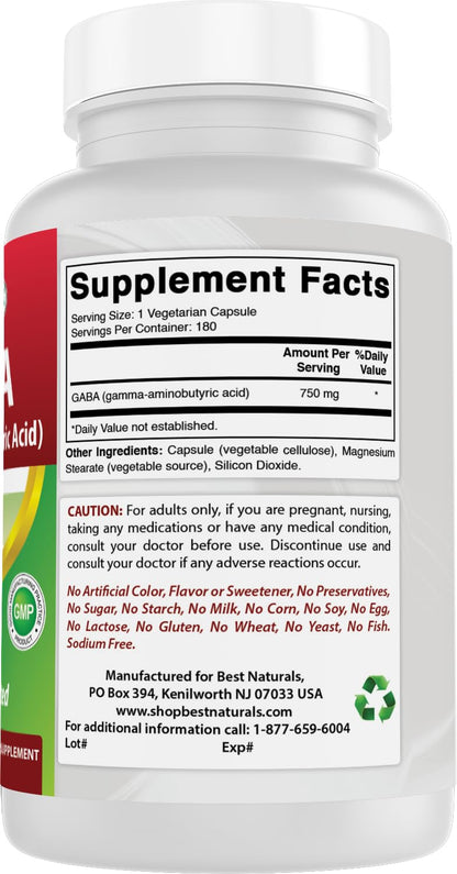 Best Naturals GABA Supplement 750mg 180 Veggie Capsules, Naturals Sleep Aid