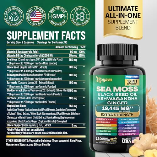 Sea Moss 7000mg Black Seed Oil 4000mg Ashwagandha 2000mg Turmeric 2000mg