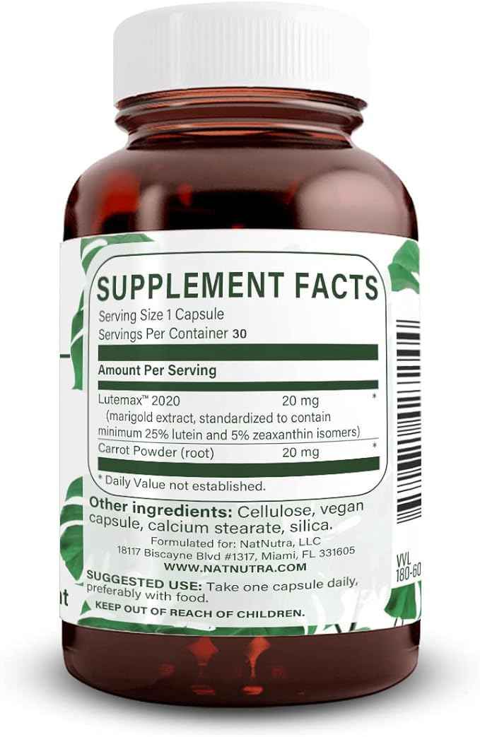 Natural Nutra Lutein & Zeaxanthin Supplement 20mg, 60 Capsules - Maintains Vision, Protects Cells in Eyes, Enhances Level of Zeaxanthin & Isomers, Supports Eye Health, Gluten-Free, Soy-Free