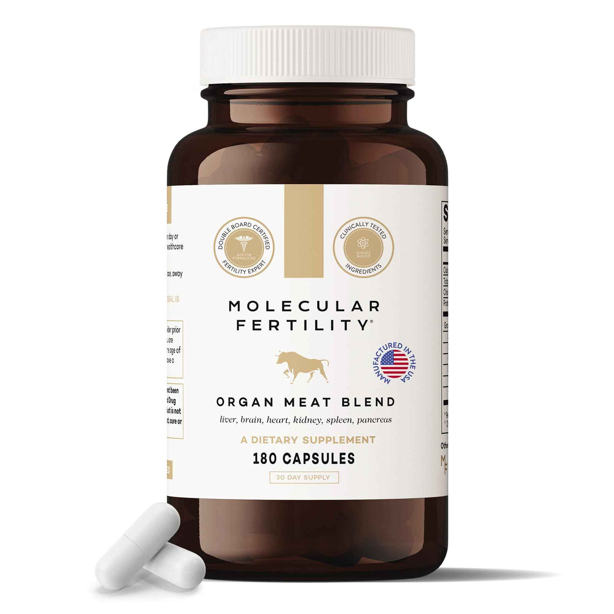 Molecular Fertility Beef Organ Complex - Pasture-Raised, Grass Fed Beef Liver, Brain, Heart, Spleen, Pancreas Blend, Healthy Hormone Balance and Fertility Supplement for Women and Men, 180 Capsules