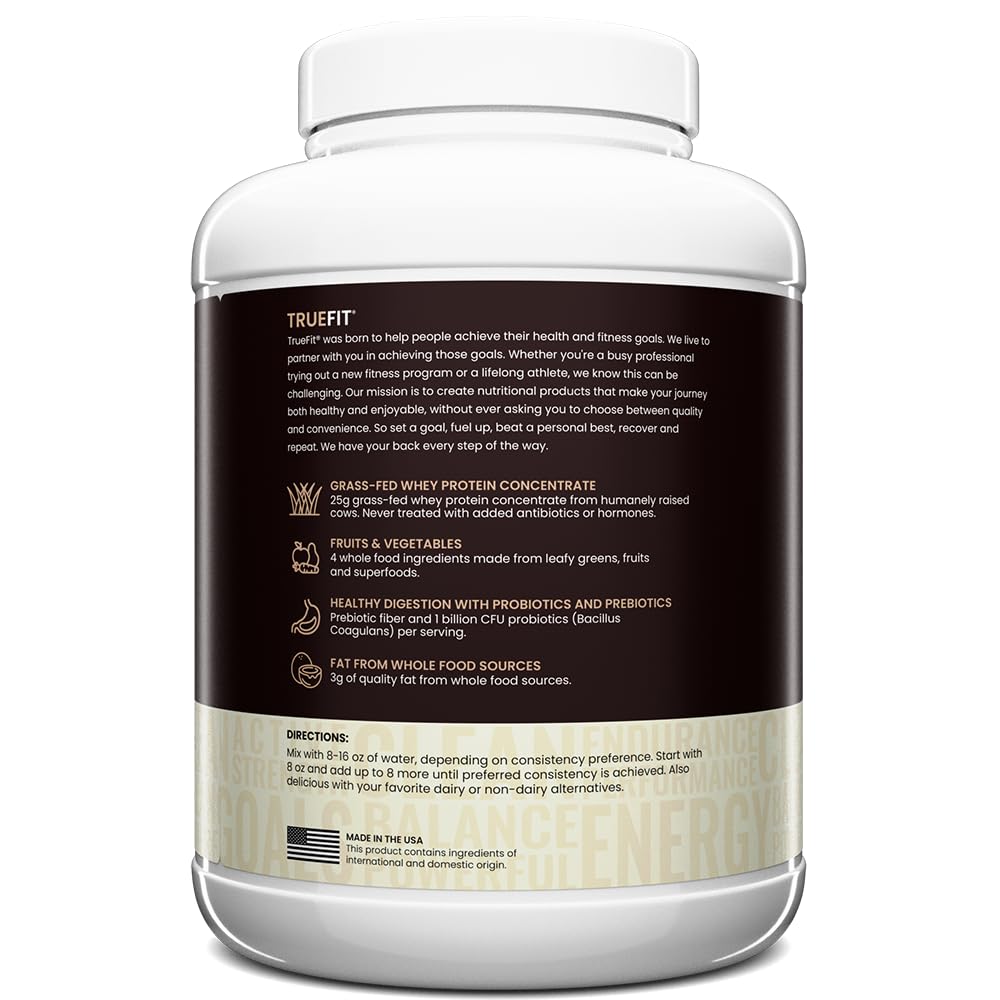 TrueFit Grass-Fed Whey Protein Powder + Fiber & Probiotics, Vanilla Shake - 25g Gut Healthy Protein with Fiber, Probiotics & Non-GMO Superfoods for Complete Meal Replacement Shake with Nothing Fake