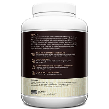 TrueFit Grass-Fed Whey Protein Powder + Fiber & Probiotics, Vanilla Shake - 25g Gut Healthy Protein with Fiber, Probiotics & Non-GMO Superfoods for Complete Meal Replacement Shake with Nothing Fake