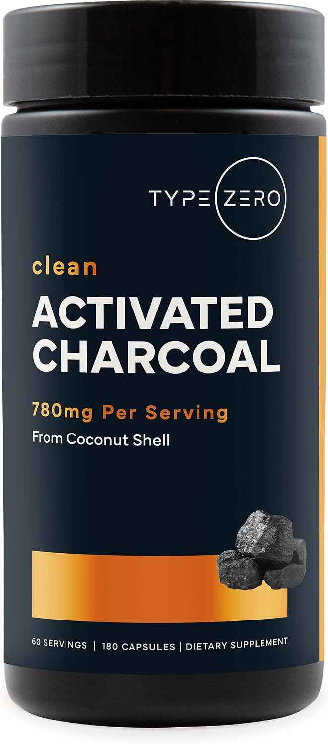 Type Zero Activated Charcoal (780mg) 180 Capsules, 60 Servings, Gluten-Free - From Coconut Shell, GMO-Free