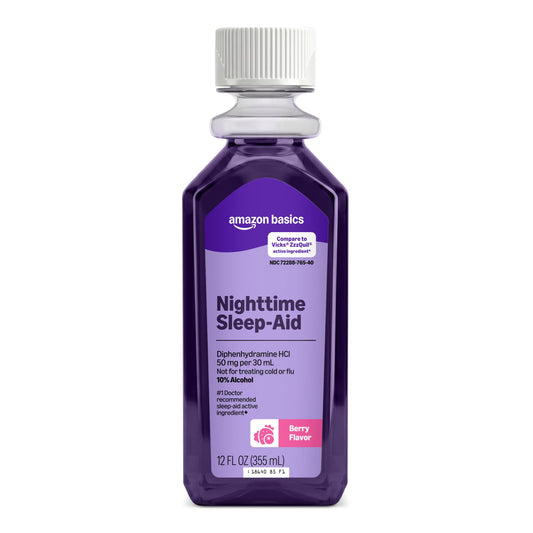 Amazon Basics Night Time Sleep-Aid Liquid for Adults, Diphenhydramine HCl 50 mg, Mixed Berry Flavor, 12 fl oz (Pack of 1) (Previously Care)