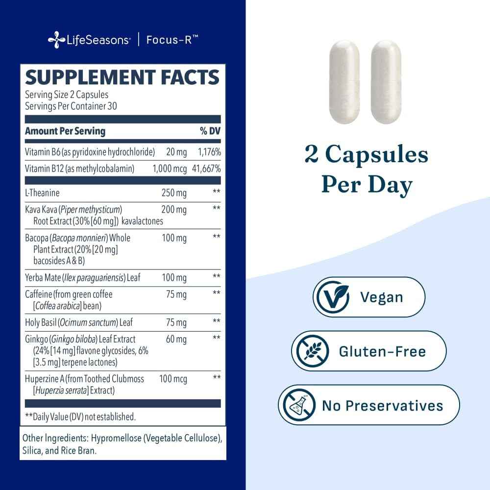 LifeSeasons Focus-R Concentration Support - Memory, Focus & Mental Clarity Supplement with Bacopa, Rhodiola, L-Tyrosine & B Vitamins - Cognitive Performance & Brain Energy - 60 Veg Capsules