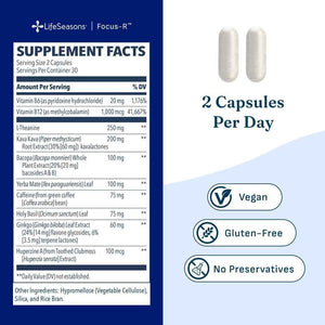 LifeSeasons Focus-R Concentration Support - Memory, Focus & Mental Clarity Supplement with Bacopa, Rhodiola, L-Tyrosine & B Vitamins - Cognitive Performance & Brain Energy - 60 Veg Capsules