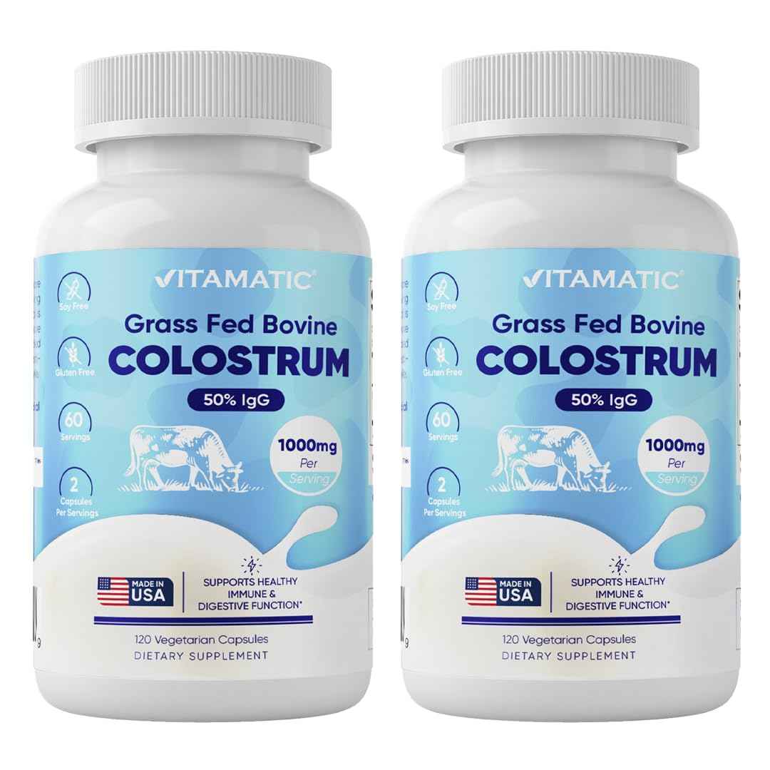 Vitamatic Bovine Colostrum Supplement 1000 mg per Serving - 50% Highest IgG - Supplement for Gut Health, Hair Growth, Beauty, Muscle Recovery, & Immune Support - 120 Capsules - 2 Pack