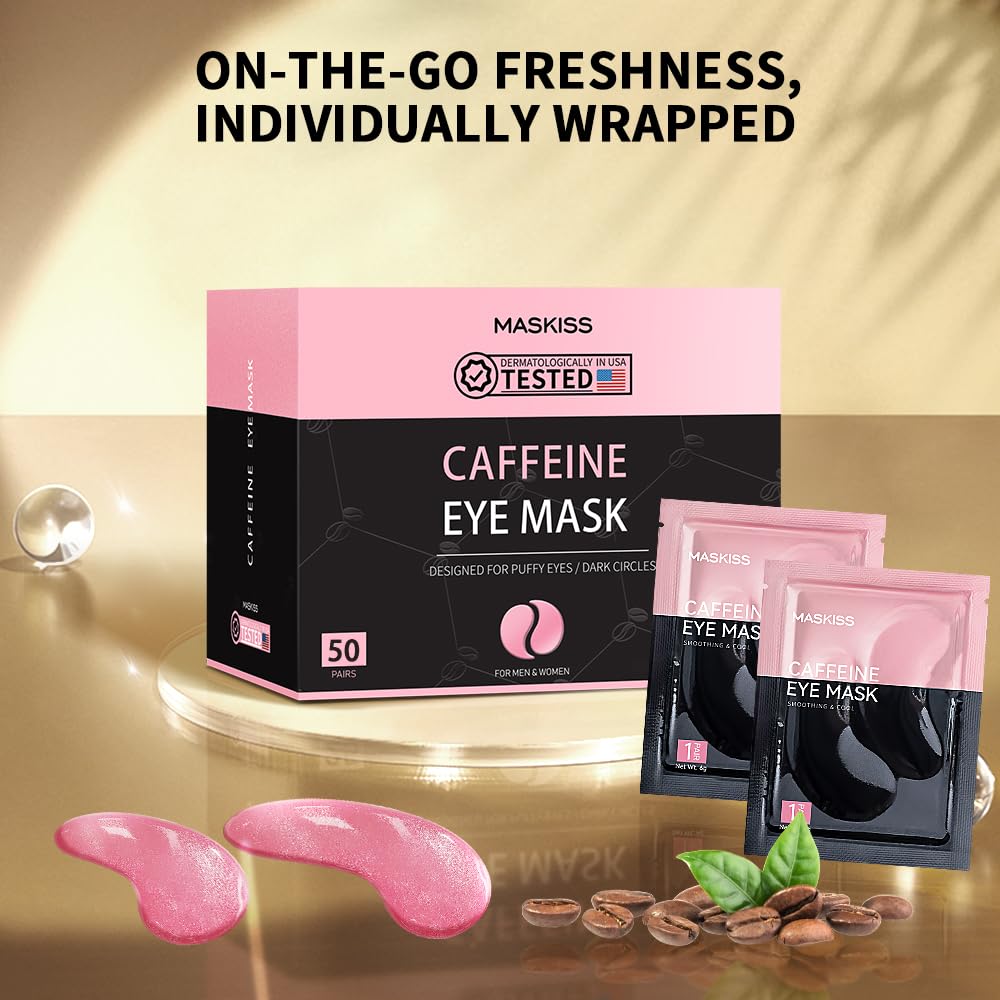 Maskiss Caffeine Under Eye Patches (50 Pairs) - Value Bulk Pack De-Puffing Collagen Eye Mask for Dark Circles & Bags