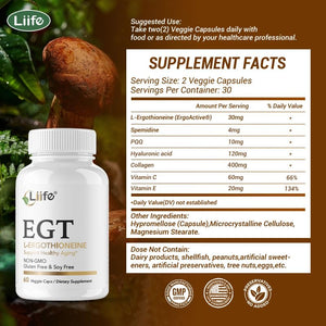 LIIFE L-Ergothioneine Supplement (EGT) 30mg,Compound Antioxidant Supplement (May Support Longevity and Healthy Aging) Promotes Skin Health，60 Capsules，Non-GMO, Gluten Free, Vegan Safe LIIFE buy supplements Au