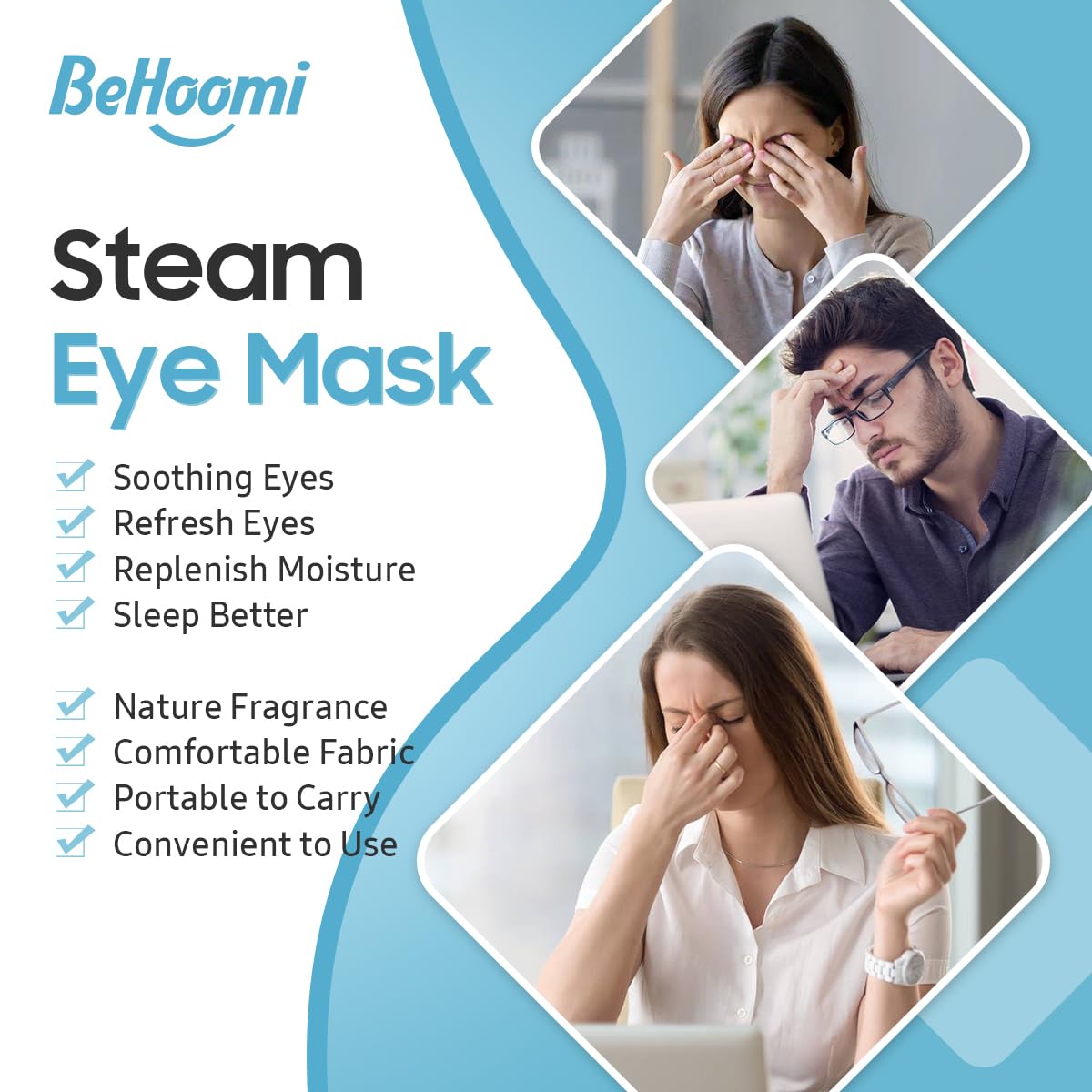 BeHoomi Self Heating Steam Eye Mask – Jasmine Scented Warm Compress Heated Eye Mask for Sleep, Spa & Relaxation (20 Pack)