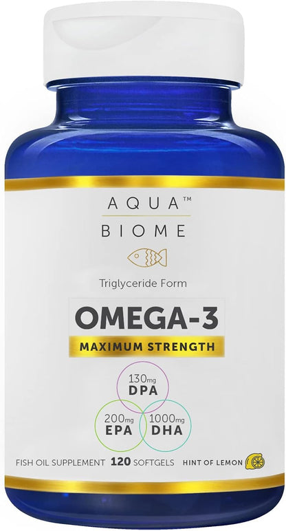 Aqua Biome by Enzymedica Omega 3 Fish Oil Maximum Strength - 120 Softgels - Fish Oil Omega 3 Fatty Acid Supplement for Women & Men, Source of DPA, EPA, & DHA, Heart & Brain Health Support, Gluten Free