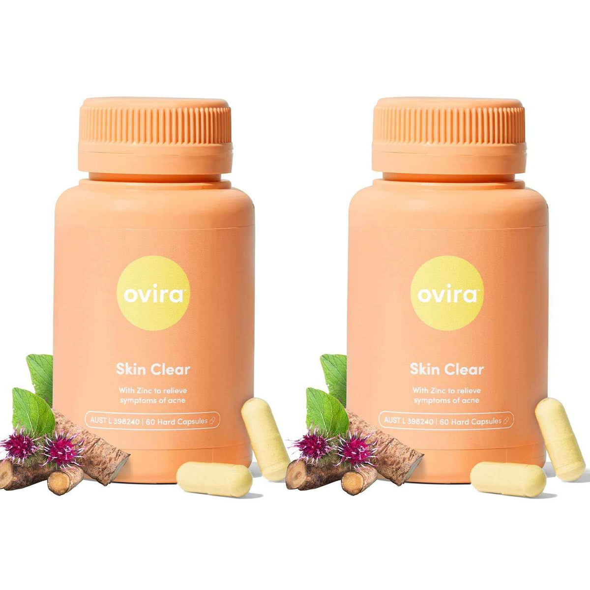 Ovira Skin Clear with ZINCBRIGHT - 60 Capsules for Clear and Glowing Skin - Rosacea & Hormonal Acne Treatment - Support Collagen Production - Acne Supplements for Women & Men - Pack of 2