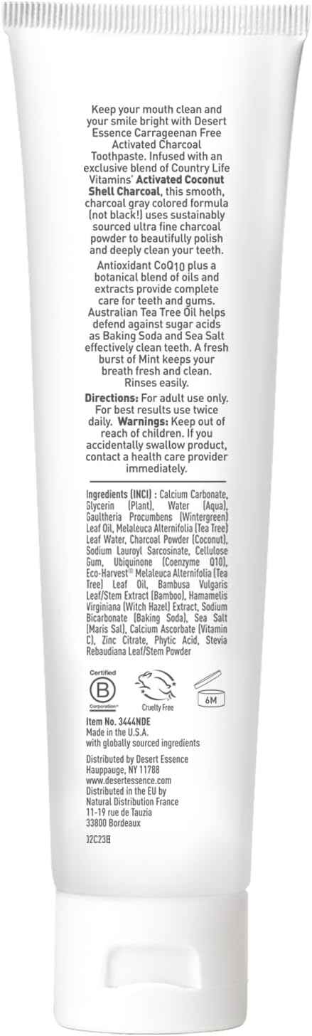 Desert Essence Activated Charcoal Toothpaste, Fluoride Free, 6.25 oz