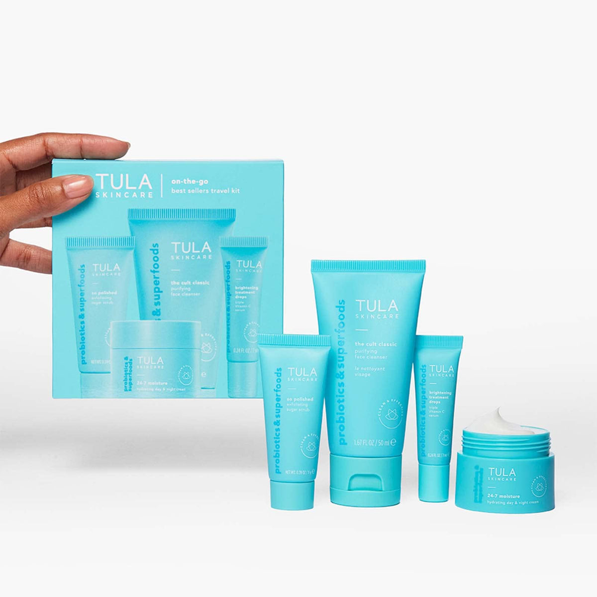 Tula Skin Care On the Go Best Sellers Travel Kit, Facial Cleanser, Day & Night Moisturizer, Sugar Scrub & Vitamin C Serum for Glowing, Radiant Skin, 1.0 Count