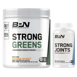 Two supplement containers labeled 'Strong Greens' and 'Strong Joints' by BPN on a white background.