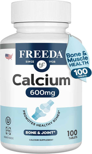 FREEDA Calcium 600mg Tablets for Bone, Joint & Teeth Support - 100 Count - Gluten-Free, Easy-to-Swallow Coated Tablets to Support Healthy Bones, Joints, Teeth, Muscle Function & Nerve Health