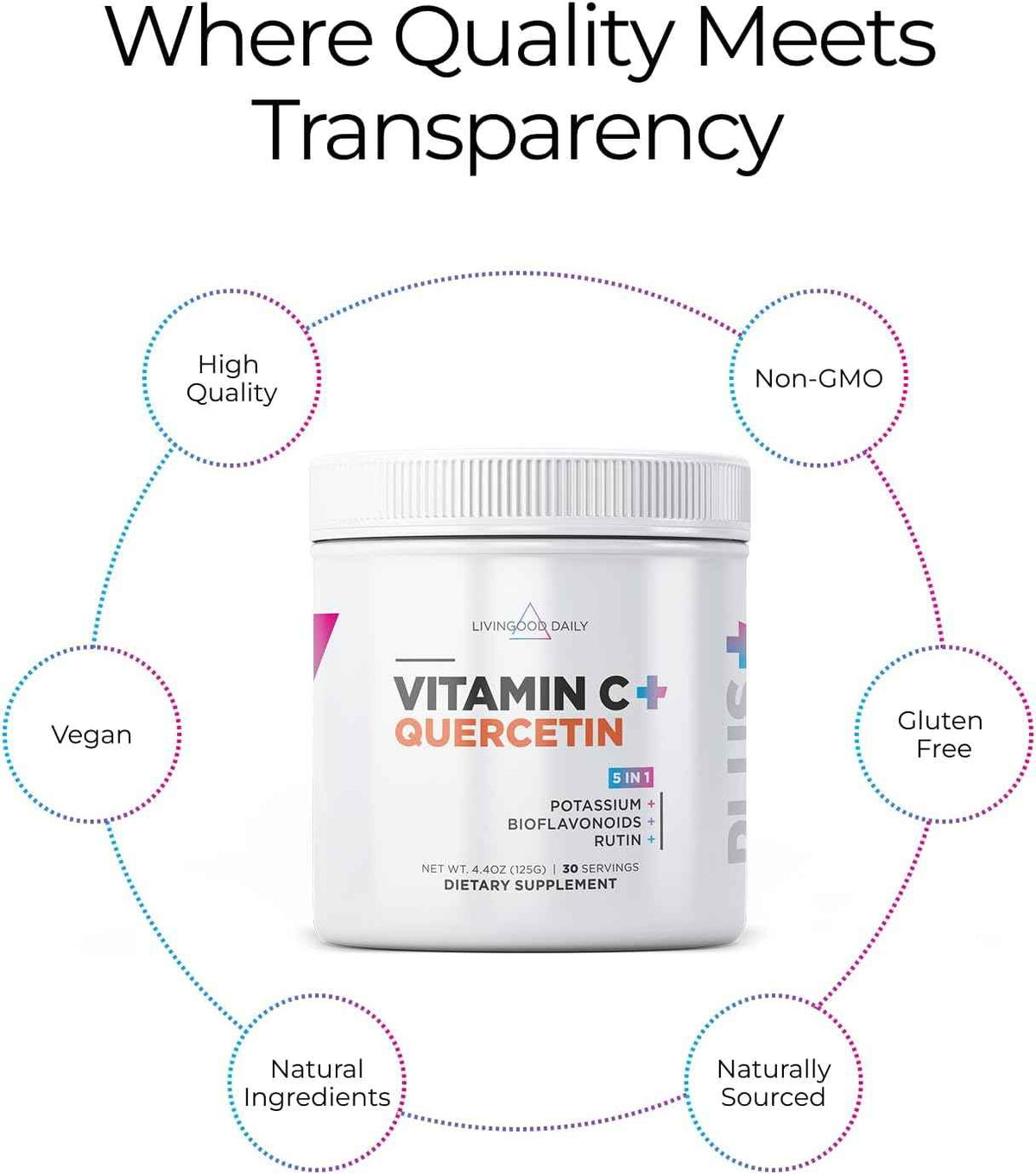 Livingood Daily High Dose Vitamin C Powder Supplement, 2,600 MG Ascorbic Acid Powder Supports Immunity & Skin Health, Powdered Vitamin C with Quercetin, Sweetened with Stevia, Vegan, 30 Servings
