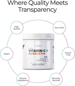 Livingood Daily High Dose Vitamin C Powder Supplement, 2,600 MG Ascorbic Acid Powder Supports Immunity & Skin Health, Powdered Vitamin C with Quercetin, Sweetened with Stevia, Vegan, 30 Servings