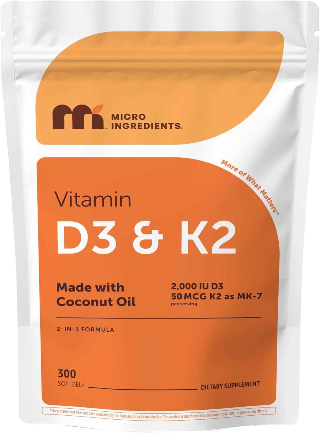 Micro Ingredients Vitamin D3 2,000 IU + K2 MK-7 50 mcg, 300 Softgels - Made with Coconut Oil - 2-in-1 Formula - Easy to Swallow, Non-GMO