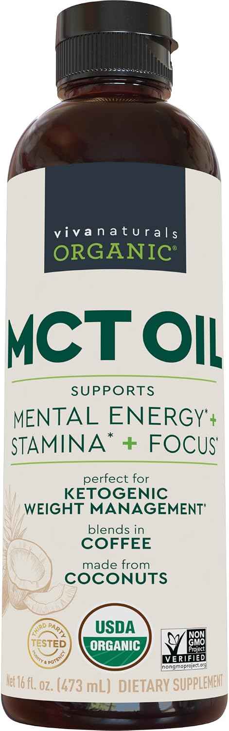 Viva Naturals Organic MCT Oil, 16 fl oz - MCT Oil for Coffee, USDA Organic, Non-GMO, Paleo Certified & Keto Friendly, Supports Energy & Mental Clarity