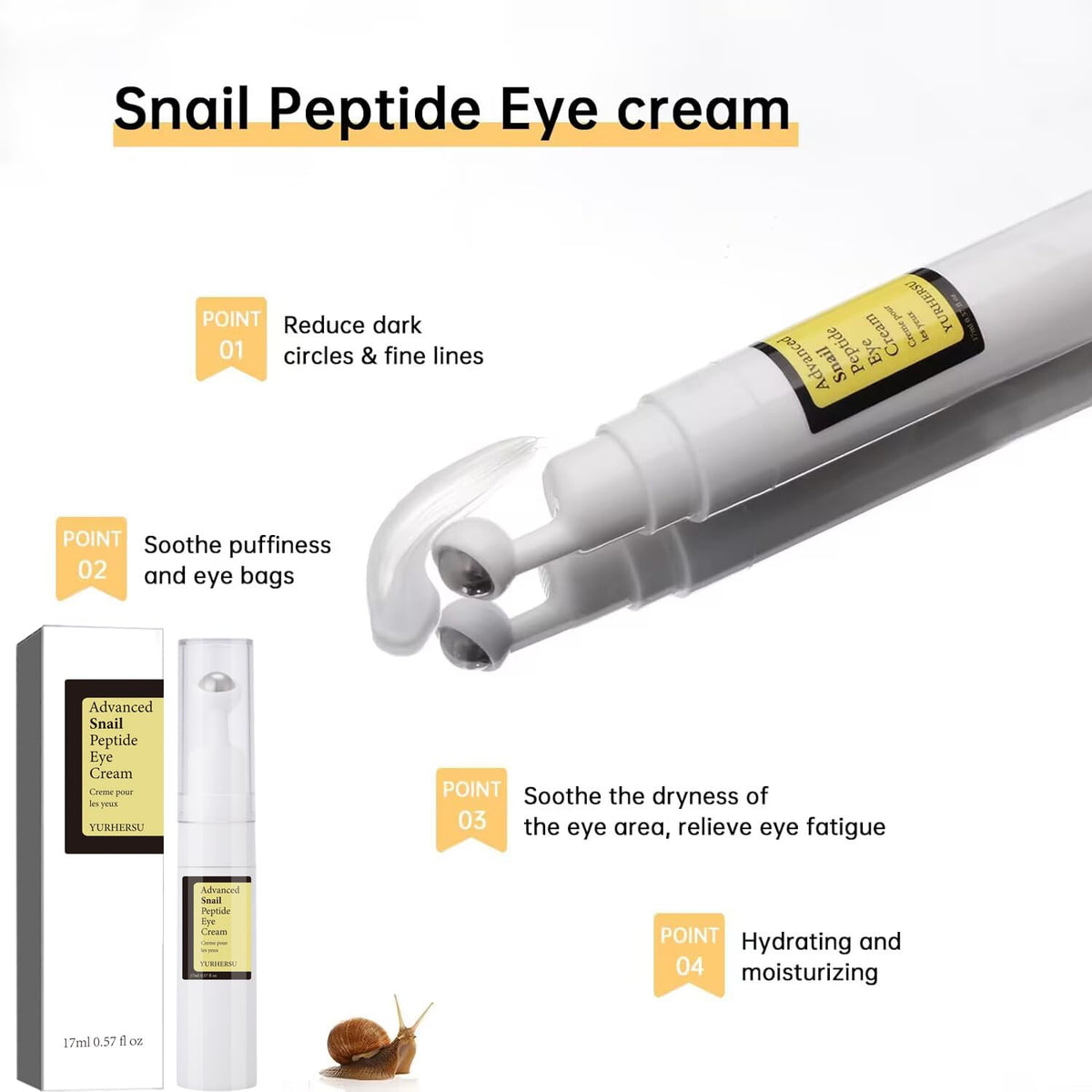 ELCHHIRSCH Snail Peptide Under Eye Cream - 73% Snail Mucin & 2% Nicotinamide with 360° Massaging Roller Ball (0.57 fl. oz)