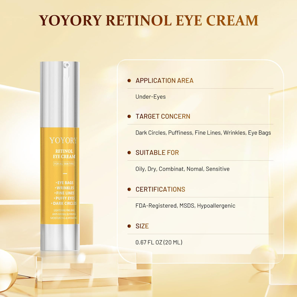 Rapid Retinol Eye Cream (0.67 fl oz) - Anti-Aging Treatment for Eye Bags, Dark Circles & Wrinkles | Hydrating Under Eye Moisturizer for Men & Women (Yellow Edition)