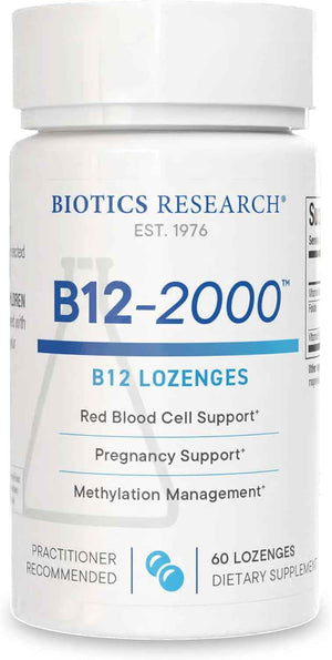BIOTICS RESEARCH B12-2000 Vitamin B12 2000 mcg, B6, Folate–B12 Sublingual Lozenges, Methylation Support Supplement, High Potency, Highly Absorbable, Natural, Berry Flavor, Dissolves Easily–60 Count