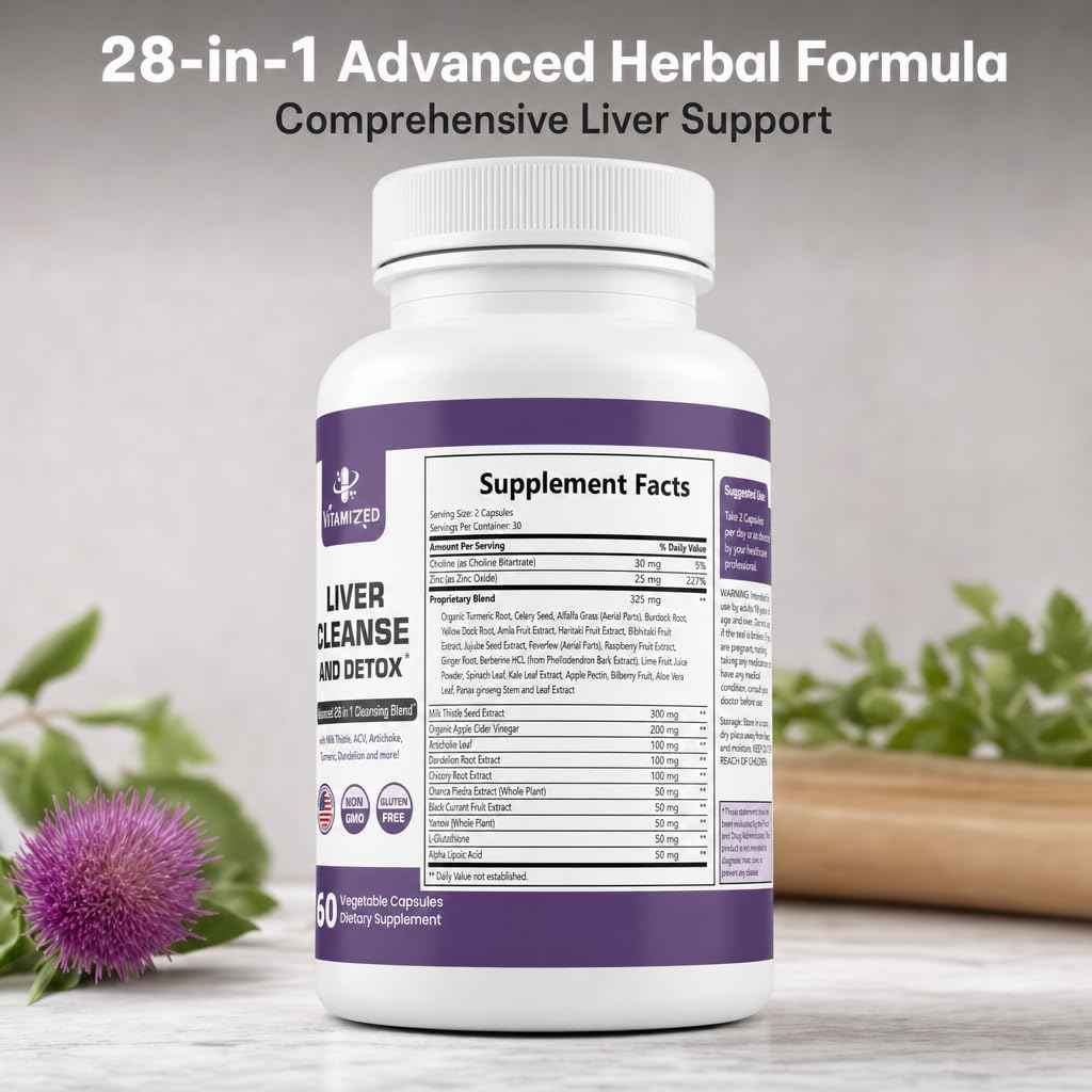 Liver Cleanse Detox & Repair Fatty Liver Supplements 28-in-1 Advanced Herbal Liver Health Supplement Formula - Milk Thistle Silymarin, Artichoke Extract, Dandelion & Apple Cider Vinegar - 60 Pills