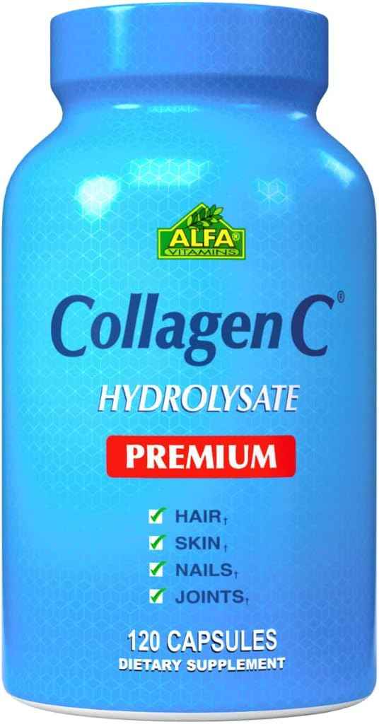 ALFA VITAMINS CollagenC Hydrolysate Premium Dietary Supplement with Vitamin C, Supports Skin, Hair, Nails & Bone Health, Enhances Collagen Production, Collagen Peptides for Rejuvenation,120 Capsules