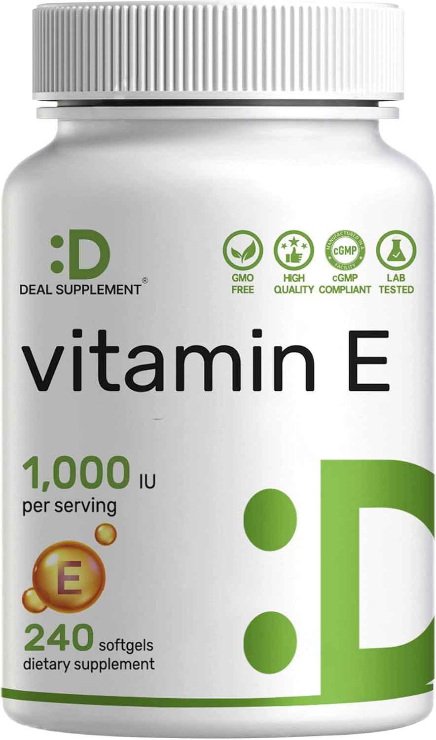 Vitamin E Supplements, 1,000 IU Per Serving, 240 Softgels - Extra Strength Antioxidant Protection - Bioavailable Stable Form - Skin, Heart, Brain, & Immune Support - Non-GMO