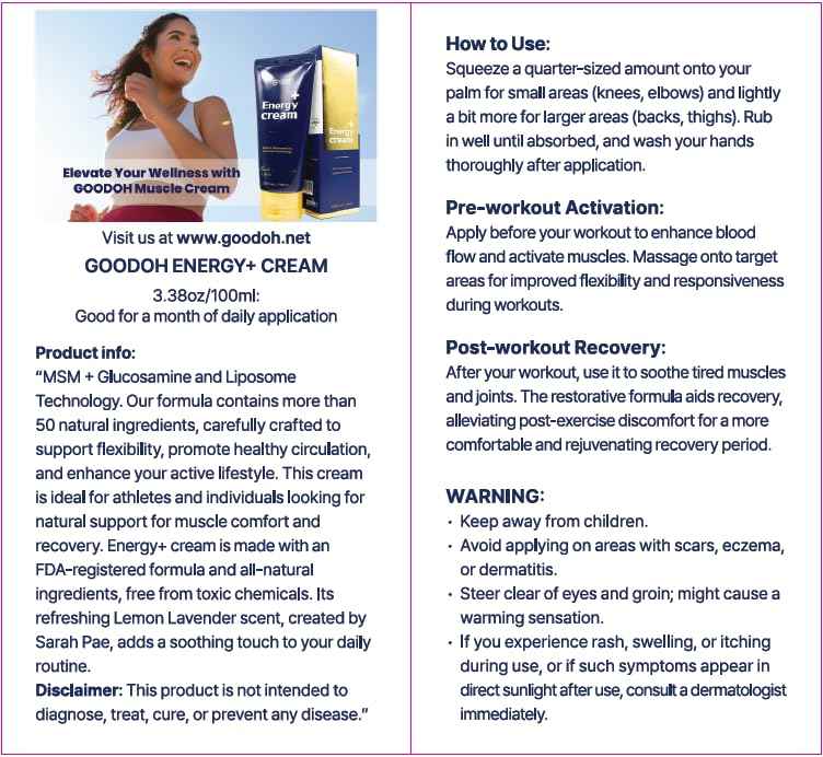 GOODOH Muscle & Joint Relief Cream with MSM (Dimethyl Sulfone), Glucosamine & Chondroitin - Fast Absorbing Cream for Muscle Pain, Joint Stiffness & Recovery - 3.38 oz