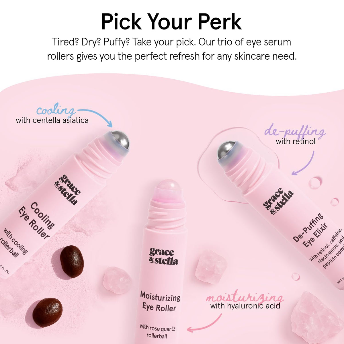 Grace & Stella Under Eye Brightener - 15ml (0.51oz) - Rose Quartz Rollerball Eye Serum with Hyaluronic Acid & Caffeine