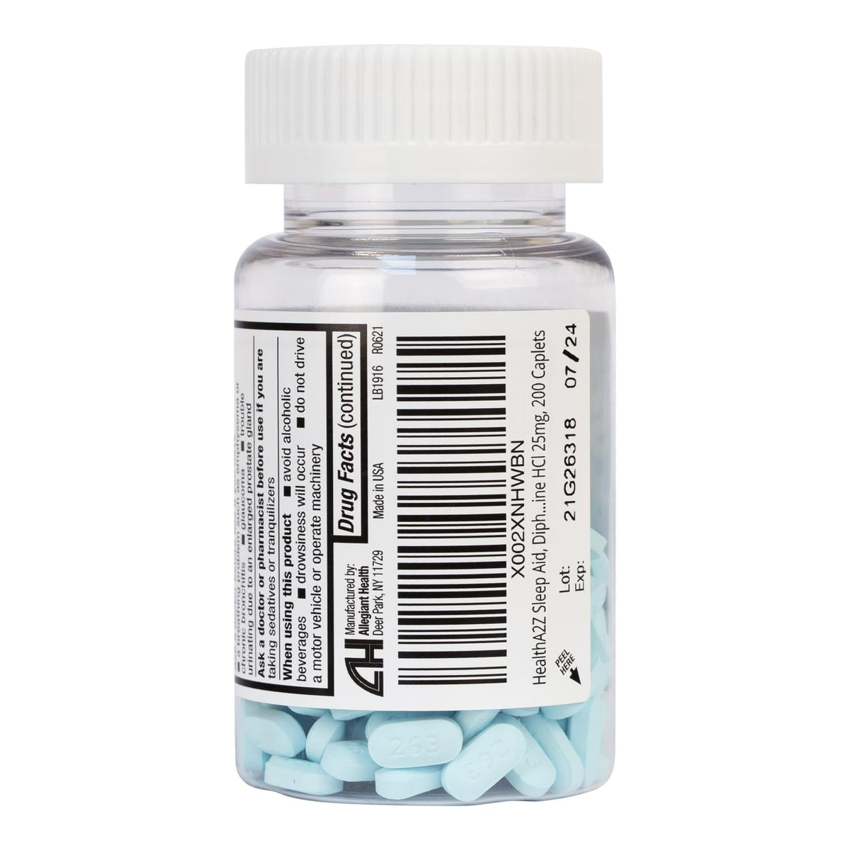 HealthA2Z® Sleep Aid, Diphenhydramine HCl 25mg, Regular Strength 200 Caplets