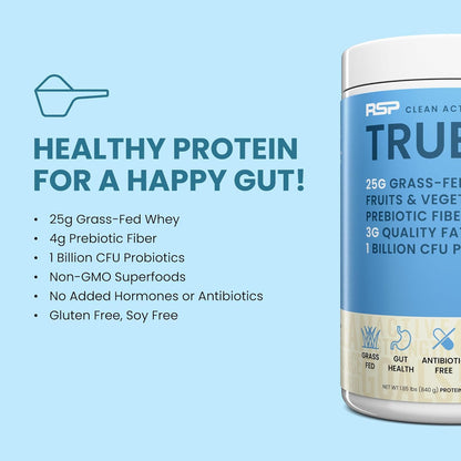 TrueFit Grass-Fed Whey Protein Powder + Fiber & Probiotics, Vanilla Shake - 25g Gut Healthy Protein with Fiber, Probiotics & Non-GMO Superfoods for Complete Meal Replacement Shake with Nothing Fake