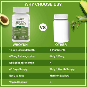 Whoyun Cortisol Supplement for Women, 11 in 1 Lower Cortisol Blend with Ashwagandha, Phosphatidylserine, Magnesium, L-Theanine, Vegan, 90 Capsules
