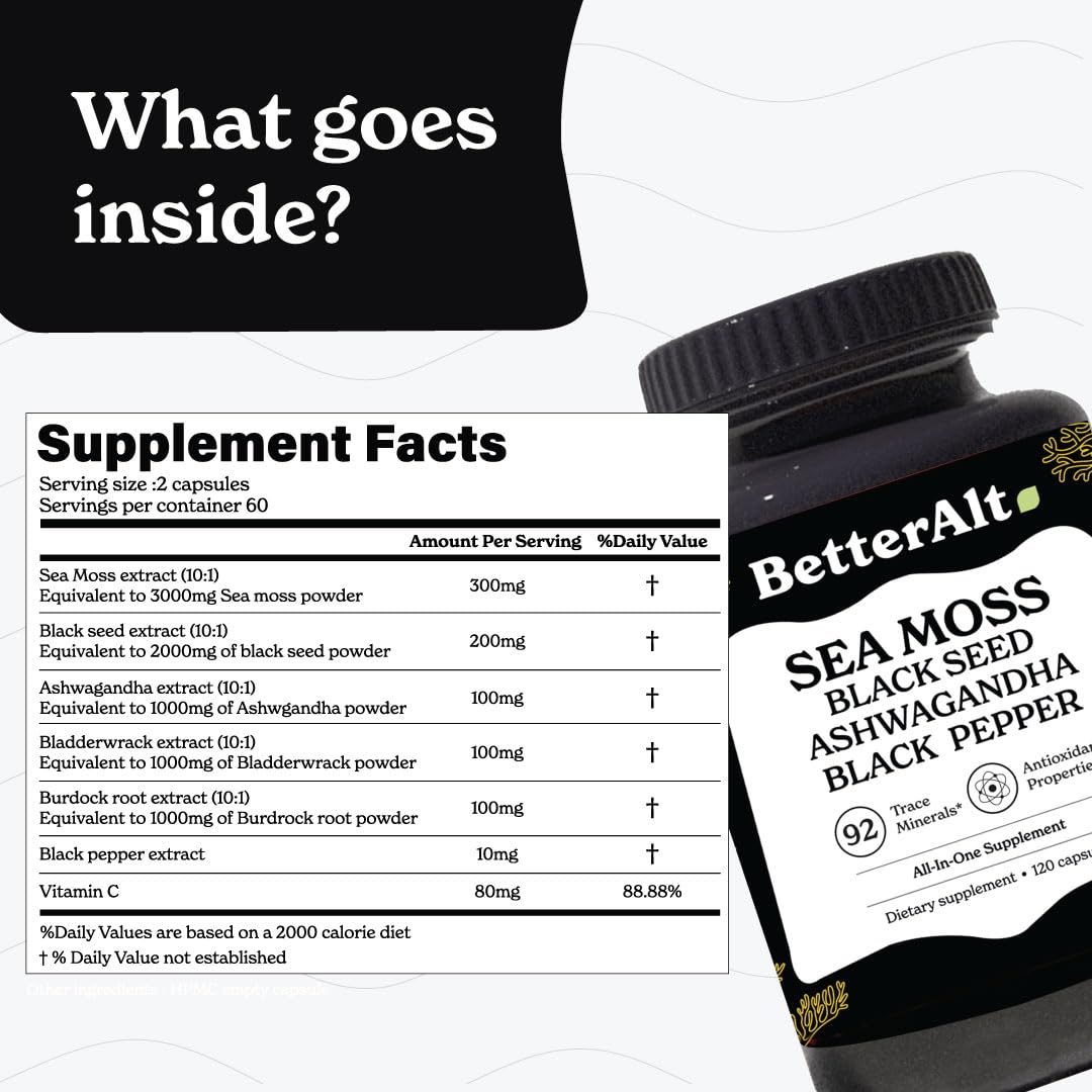 Better Alt Sea Moss Capsules- Irish Sea Moss with Black Seed Oil, Ashwagandha & Black