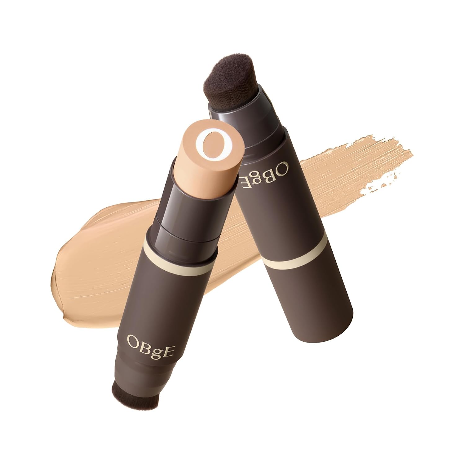 OBgE Natural Foundation Stick High Coverage with Brush #2 Beige, 0.49oz - Seamless Matte Finish, Immediate Pore Blurring, All-Day Shine Control, All-In-One Korean Makeup, Built In Detachable Brush