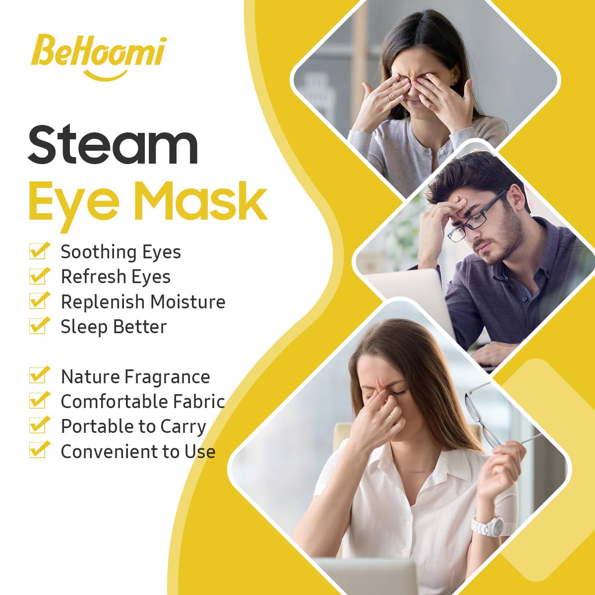 BeHoomi Self Heating Steam Eye Mask – Chamomile Scented Warm Compress Heated Eye Mask for Sleep, Spa & Relaxation (20 Pack)