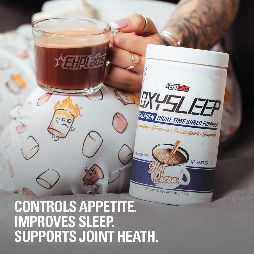 EHP Labs OxySleep Collagen Peptides Powder Night Time Shred - Promotes Deep Sleep & Shredding, Skin, Bones & Muscle Support, Pasture-Raised Bovine Collagen, Type I & III, 30 Servings (Hot Cocoa)